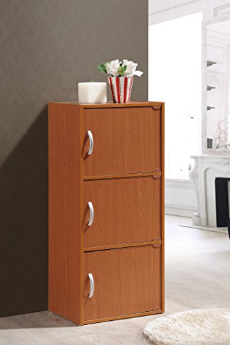 HODEDAH 3 Door Bookcase Cabinet, Cherry Hodedah