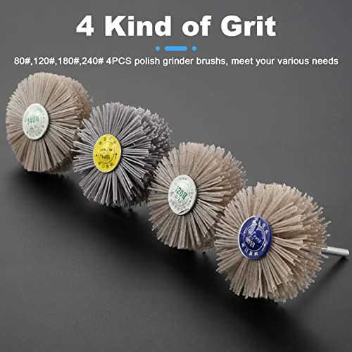 Mtsooning 4PCS Nylon Wheel Brush, Polish Grinder Brush 80, 120, 180, 240 Grit, Abrasive Grinding Head with Threaded Shank for Removing of Corrosion Mtsooning