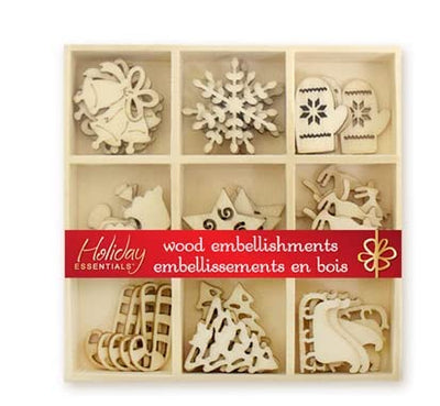 Mini Laser Cuts Wood Shapes - Snowflake, Candy Cane, Star, Mitten, Angel, Bells, Reindeer, Tree, Sleigh Holiday Icons - 45 Pieces - 1'' Across