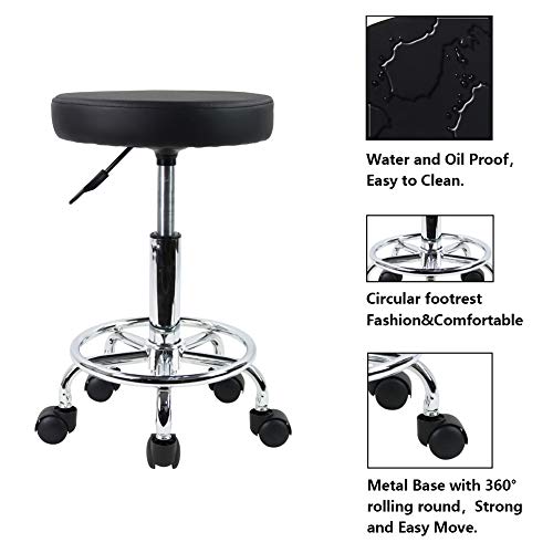 KKTONER PU Leather Round Rolling Stool with Foot Rest Swivel Height Adjustment Spa Drafting Salon Tattoo Work Office Massage Stools Task Chair Small KKTONER