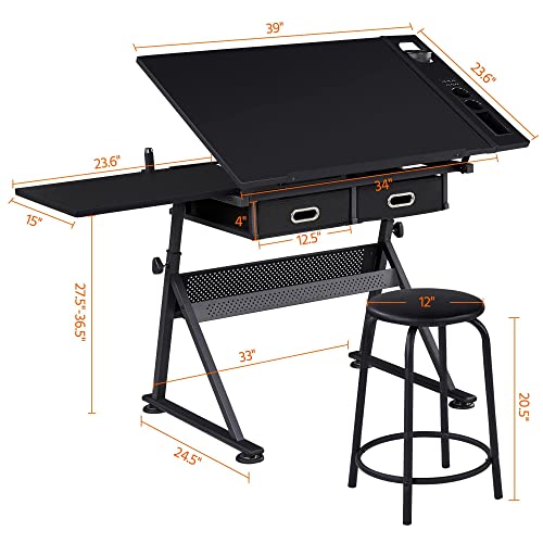 Yaheetech Art Craft Table Drawing Table Height Adjustable Drafting Desk Work Station with Tiltable Tabletop w/Stool and 2 Storage Drawers for Yaheetech