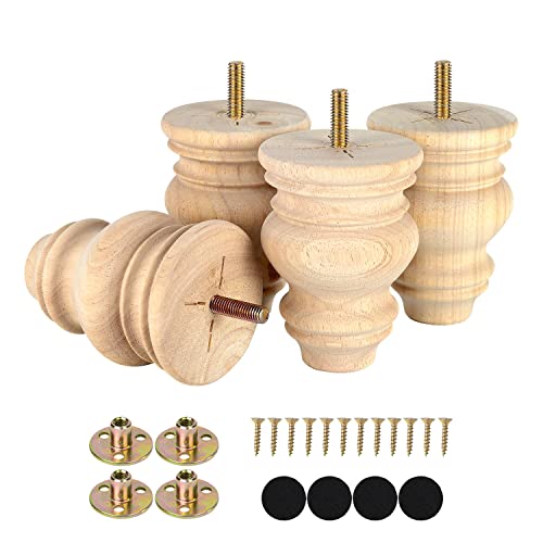 Michanco 4 Inch Unfinished Bun Feet for Couch Sofa Cabinet Ottoman DIY Wood Furniture Legs Set of 4 Michanco
