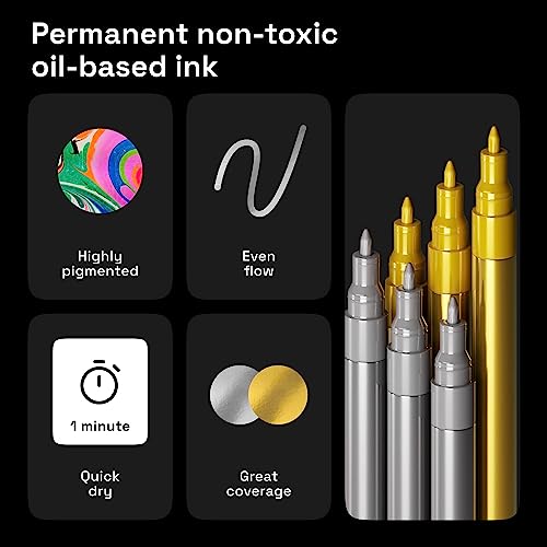 Metallic Acrylic Paint Pens for Rock Painting, Stone, Ceramic, Glass, Wood, Fabric, Canvas, Metal, Scrapbooking (6 Pack) Set of 3 Gold & 3 Silver ARTISTRO
