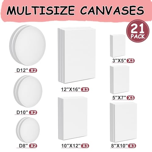 21 Packs Stretched Canvases for Painting, MultiSize 12x16, 10x12, 8x10, 5x7, 3x5, Round Canvas with 8x8,10x10,12x12, Primed Blank Canvas for Oil, ESRICH