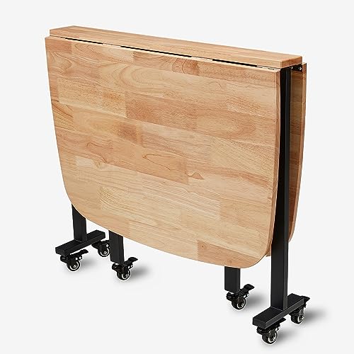 Rukulin Multifunction Table Drop Leaf Dining Table - 47" Solid Wooden Foldable Kitchen Table with 6 Wheels (Natural) Rukulin