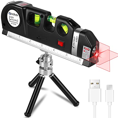 Laser Level line tool, Qooltek Multipurpose Cross Line Laser Adjusted Standard and Metric Rulers for hanging picture with Metal Tripod Stand and Qooltek