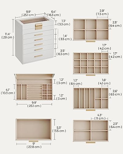 SONGMICS Jewelry Box with Glass Lid, 6-Layer Jewelry Organizer, 5 Drawers, for Sunglasses, Big Jewelry, Jewelry Storage, Modern Style, Cloud White SONGMICS