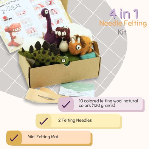 Woolbuddy Needle Felting Kit, 4 Felted Dinosaurs, Felted Animals, Felting Kit for Beginners Adult and Kids, Felting Supplies Included Felting Wool, Woolbuddy