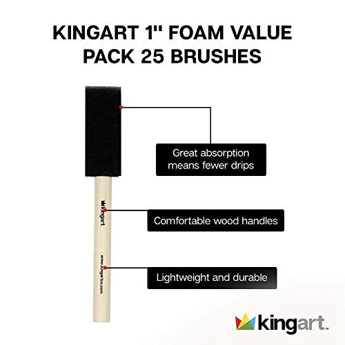 KINGART 241-25 Foam 25 Pc. Value Pack 1" Brush Set, Short Wood Handle, for Oil, Acrylic & Watercolor Paint, Great for Crafts, DIY Home Projects, KINGART
