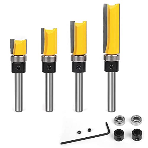 TOOLDO Pattern Flush Trim Bit 4 Pcs Router Bits,Top Bearing Flush Trim Bits Set,1/4 Inch Shank ,Cutting Length 1/2", 3/4", 1", 1-1/2" TOOLDO