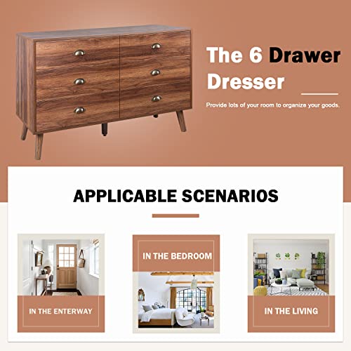 JOZZBY 6 Drawer Dresser with Metal Handle for Bedroom, Mid-Century, Modern Walnut Wood Dresser Chest of Drawers for Living Room, Hallway JOZZBY