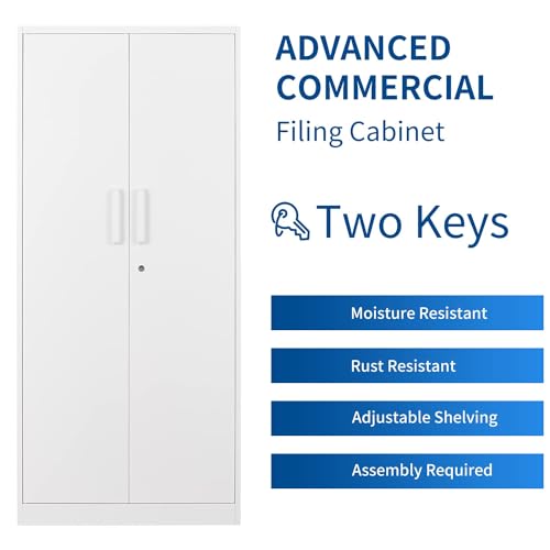 Fesbos Metal Storage Cabinet-71” Tall Steel File Cabinets with Lockable Doors and Adjustable Shelves-White Steel Storage Cabinet for Home, School, Fesbos