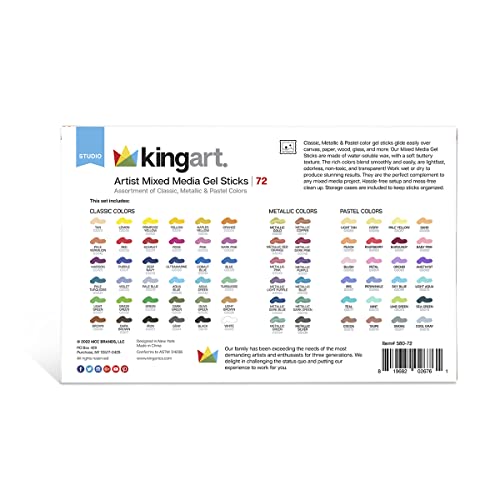 KINGART 580-72 GEL STICK Set, Artist Pigment Crayons, 72 Unique Colors, Water Soluble, Creamy, and Odorless, Use on Paper, Wood, Canvas and more KINGART