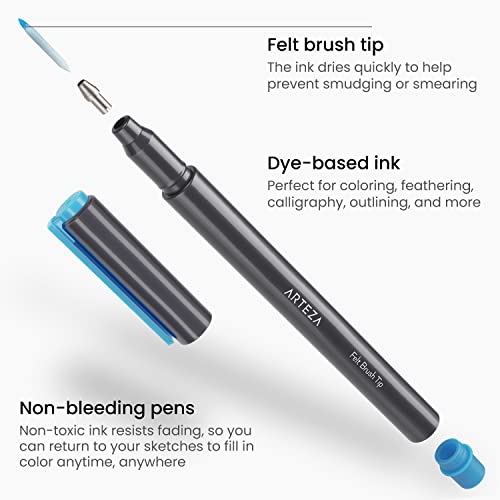 ARTEZA Felt Tip Pens, Set of 24 Basic Brush Tip Calligraphy Pens for Note Taking, Sketching, Cross-Hatching, and Outlining, Dye-Based Ink, Smear-Free ARTEZA