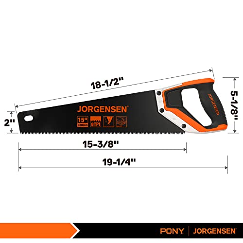 JORGENSEN 15” Hand Saw, Black Coated Coarse Handsaw 8TPI for Wood Cutting, Ergonomic Non-Slip Aluminum Handle for Sawing, Trimming, Gardening, Jorgensen