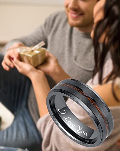 LerchPhi 8MM Custom Engrave Valentines Day Gift for Him Mens Wedding Band KOA Wood Inlay Black Zirconium Stepped Edge Unisex Promise Ring Size 10.5 LerchPhi