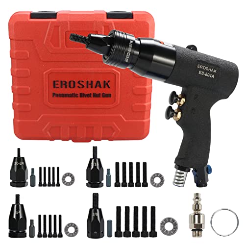 EROSHAK Pneumatic Rivet Nut Gun (10-24 & 1/4 & 5/16 & 3/8) Air Rivet Nut Pull Setter Tool with 4 Size Quick-Change Nose-Piece Assembly, 5pcs Mandrels EROSHAK
