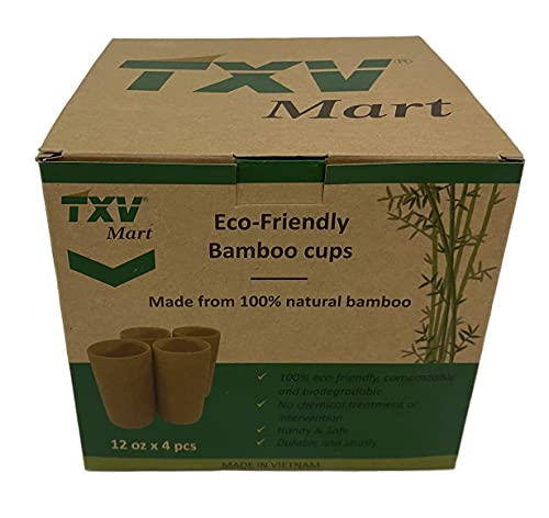 TXV Mart | Disposable or Reusable Natural Bamboo Wood Drinking Cup 12 oz | Wooden Tea Cup Coffee Mug Wine Mug, 4 Pack TXV