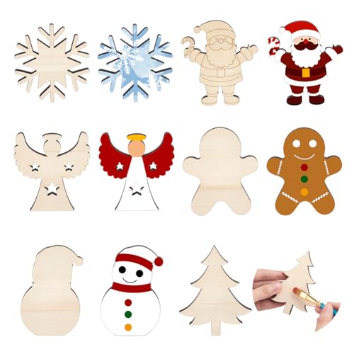 MAYJOYDIY 6pcs Christmas Snowman Tree Wooden Cutouts Santa Claus/Angels/Snowflakes/Gingerbread Man Christmas Ornaments Unfinished Wood for Christmas MAYJOYDIY