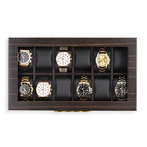 Glenor Co Large 12 Slot Wooden Watch Box For Men - Modern Luxury Case with Gold Buckle & Legs - Glass Display Storage - Mens Organizer - Black Glenor Co