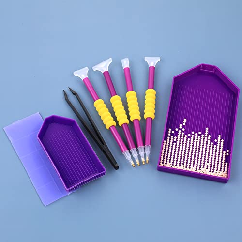 Cobee 25 Pcs 5D Diamond Painting Accessory Set - No Wax Needed Self Stick Drill Diamond Pens+ Tweezers + Small Diamond Storage Trays + Rhinestones Cobee