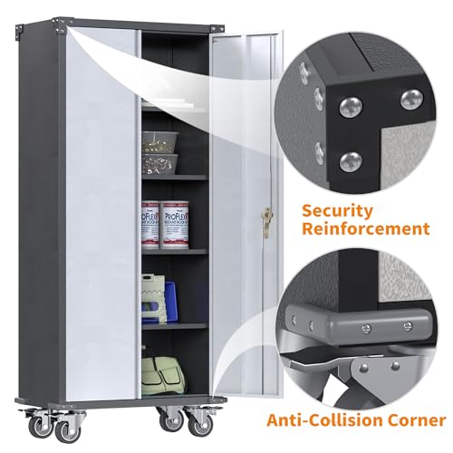 Waqiv 71" Metal Storage Cabinet with Wheels,Garage Storage Cabinet with Locking Doors and 4 Shelves,Lockable Rolling Tool Cabinet for Home Waqiv
