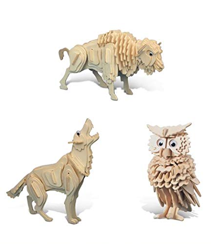 Puzzled Bundle of Owl, Wolf and Buffalo Wooden 3D Puzzle Construction Kits, Fun Unique and Educational DIY Wild Animals Toys Assemble Model Puzzled