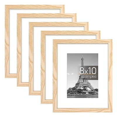 upsimples 8x10 Picture Frame Set of 5, Display Pictures 5x7 with Mat or 8x10 Without Mat, Wall Gallery Photo Frames, Natural