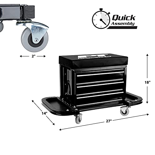 Performance Tool W85025 3-Drawer Rolling Tool Chest Seat With Magnetic Side Trays Performance Tool