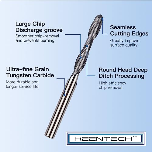 KEENTECH CNC Solid Carbide Spiral Router Bit 3 Flute, 2D & 3D Carving Ball Tip, Up-Cut-1/8" Shank, 1/8" Cutting Diameter, 1/16" Radius,1-1/2" Cutting KEENTECH