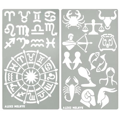 Aleks Melnyk #29 Metal Journal Stencil, Zodiac Circle Symbols, Stainless Steel Stencil 2 PCS, Template Tool for Wood Burning, Pyrography, Engraving,