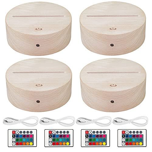 HYNNIO 4 Pack 3D Led Night Light Lamp Base, 3D Wood Light Base, Includes Remote Control, Charger Cable, Adjustable 7 Colors Lights Base HYNNIO