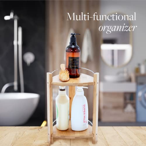 GOBAM Bamboo Shower Corner Caddy, Medium - 2 Tier Standing Shower Stand for Shampoo, Conditioner, Lotion, Soap - Caddy Organizer for Kitchen, GOBAM