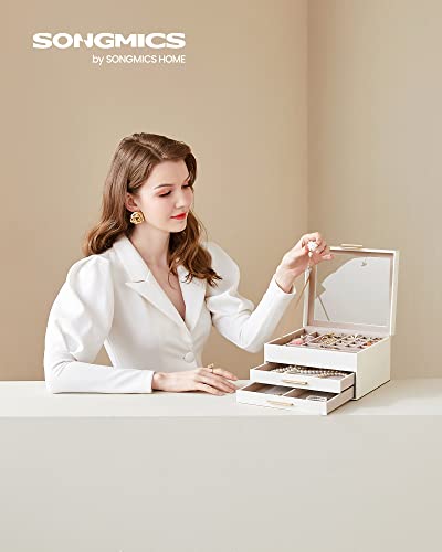 SONGMICS Jewelry Box with Glass Lid, 3-Layer Jewelry Organizer, 2 Drawers, for Big and Small Jewelry, Jewelry Storage, Modern Style, 8 x 9.1 x 5.3 SONGMICS