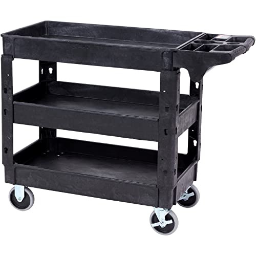 VEVOR Utility Service Cart, 3 Shelf 550LBS Heavy Duty Plastic Rolling Utility Cart with 360° Swivel Wheels (2 with Brakes), Medium Lipped Shelf, VEVOR