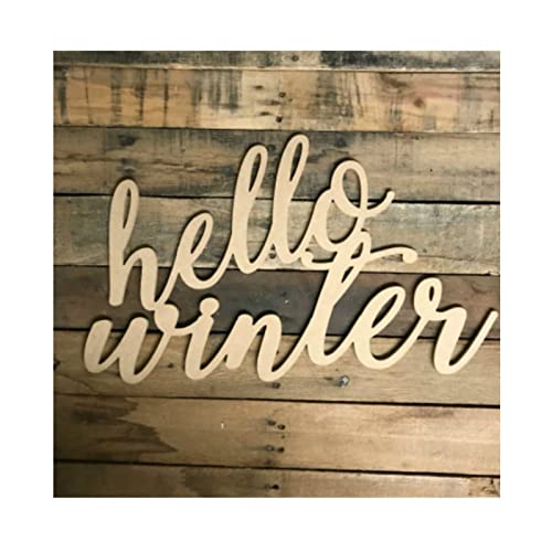 Hello Winter Wood Craft Unfinished Wooden Cutout Art DIY Wood Signs Inspirational Wall Plaque Retro Home Family Wall Decor for Home Laundry Room Arupkeer