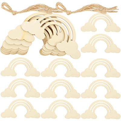 20pcs Rainbow Wood Cutout Unfinished Wooden Rainbow Unpainted Rainbow Slices Rainbow Cloud Pieces DIY Blank Graffiti Rainbow with Hemp Rope for Craft