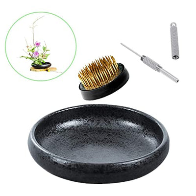 Japanese Ikebana Vase Kit, Flower Shallow Container Ceramics Ikebana Vase with 1.57inch Flower Frog and Floral Frog Floristry Kenzan Needle