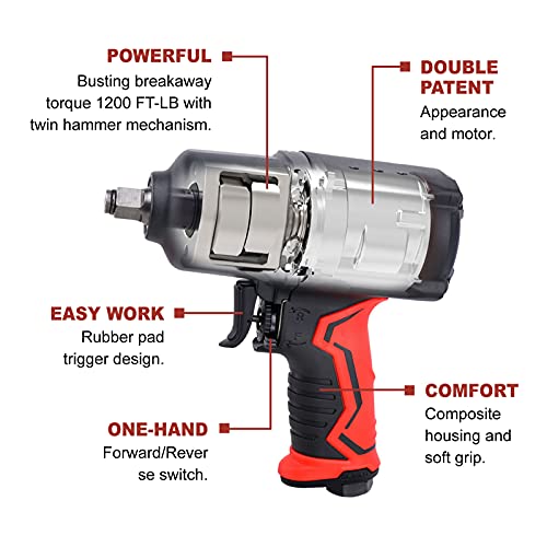 AEROPRO TOOLS 1/2-Inch Composite Air Impact Wrench(A301), Twin Hammer, 1200FT-LBS Max Loosening Torque, 7000RPM, Heavy Duty Pneumatic Impact Gun, for AEROPRO TOOLS INC