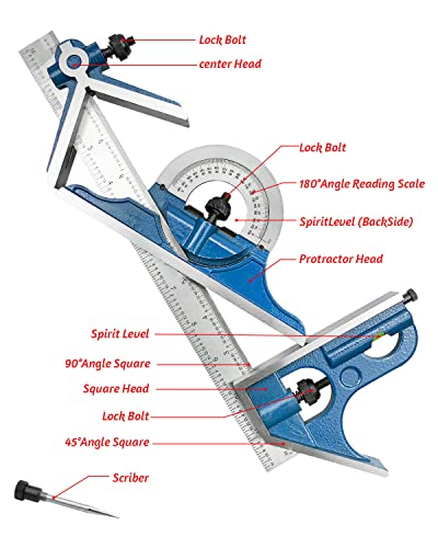 4PCS 12 Inch Combination Square Ruler Set Protractor Satin, 4-R Graduation, Ideal for Woodworking Metalworking Cabinets Joinery Steel Iron Case PNYZIK