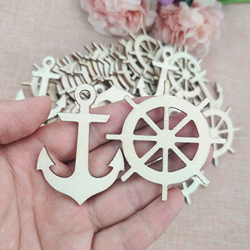 Creaides 60 Pcs Anchor Rudder Wood DIY Craft Cutouts Unfinished Wood Ornaments Gift for Ocean Themed Party Home Decoration Creaides