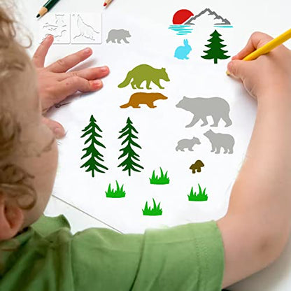 65 Pieces Animal Stencils for Painting, Small Reusable Deer Bear Stencil Template Tree Bee Bird Mountain DIY Craft Paint Stencils for Painting on