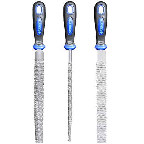 GREBSTK 8" Wood Rasp File Set with Rubber Grip Wood Course Cut Rasp 3 PCS Set, Round, Half-Round, Flat File Rasp GREBSTK