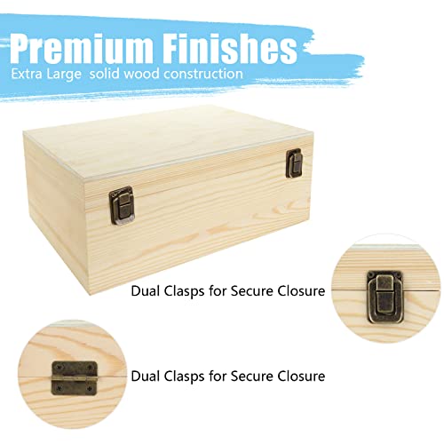 DAJAVE Unfinished Wooden Box, Large Wooden Box with Hinged Lid and Front Clasp, Pine Wood Box DIY Craft Stash Boxes for Arts Hobbies and Home DAJAVE