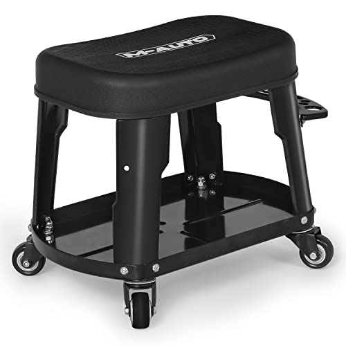 M-AUTO Heavy Duty Garage Rolling Work Seat 300LBS Capacity Mechanics Stool with Wheels, Rolling Work Seat with Equipment Tray and Tool Rack, M-AUTO