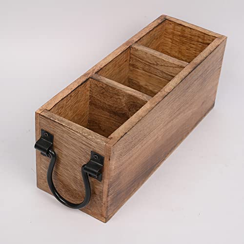 Samhita Mango Wood Cutlery Holder Caddy Organizer Wooden Utensils Storage Organizer Countertop for Silverware Fork Spoon Spatula 3 compartments (11" Samhita