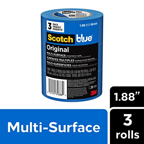 Scotch Painter's Tape Original Multi-Surface Painter's Tape, 1.88 Inches x 60 Yards, 3 Rolls, Blue, Paint Tape Protects Surfaces and Removes Easily, Scotch
