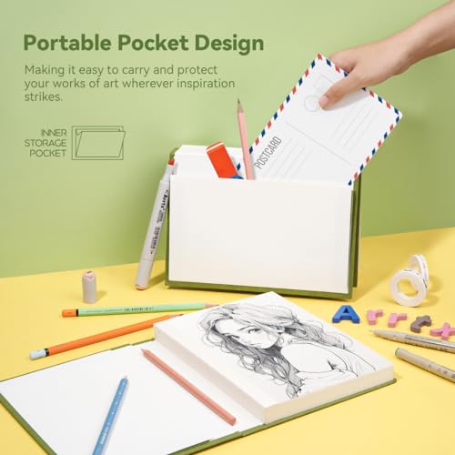 Arrtx Premium Hardcover Sketch Book, 60 Sheets/120 Pages, 180 GSM Thick Acid-Free Drawing Paper, Hardbound Sketch Pad with Inner Pocket, Green Arrtx