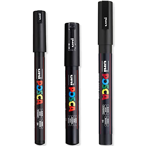 Posca - Ultra Fine to Fine Paint Marker Pens Set - PC-1MR, PC-1M, PC-3M - Black Ink - Pack of 3 posca