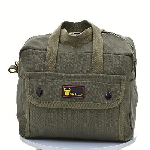 G & F Products Government Issued Style Mechanics Heavy Duty Tool Bag with Brass zipper and side pockets, tool bag for cars, drill, garden, and G & F Products